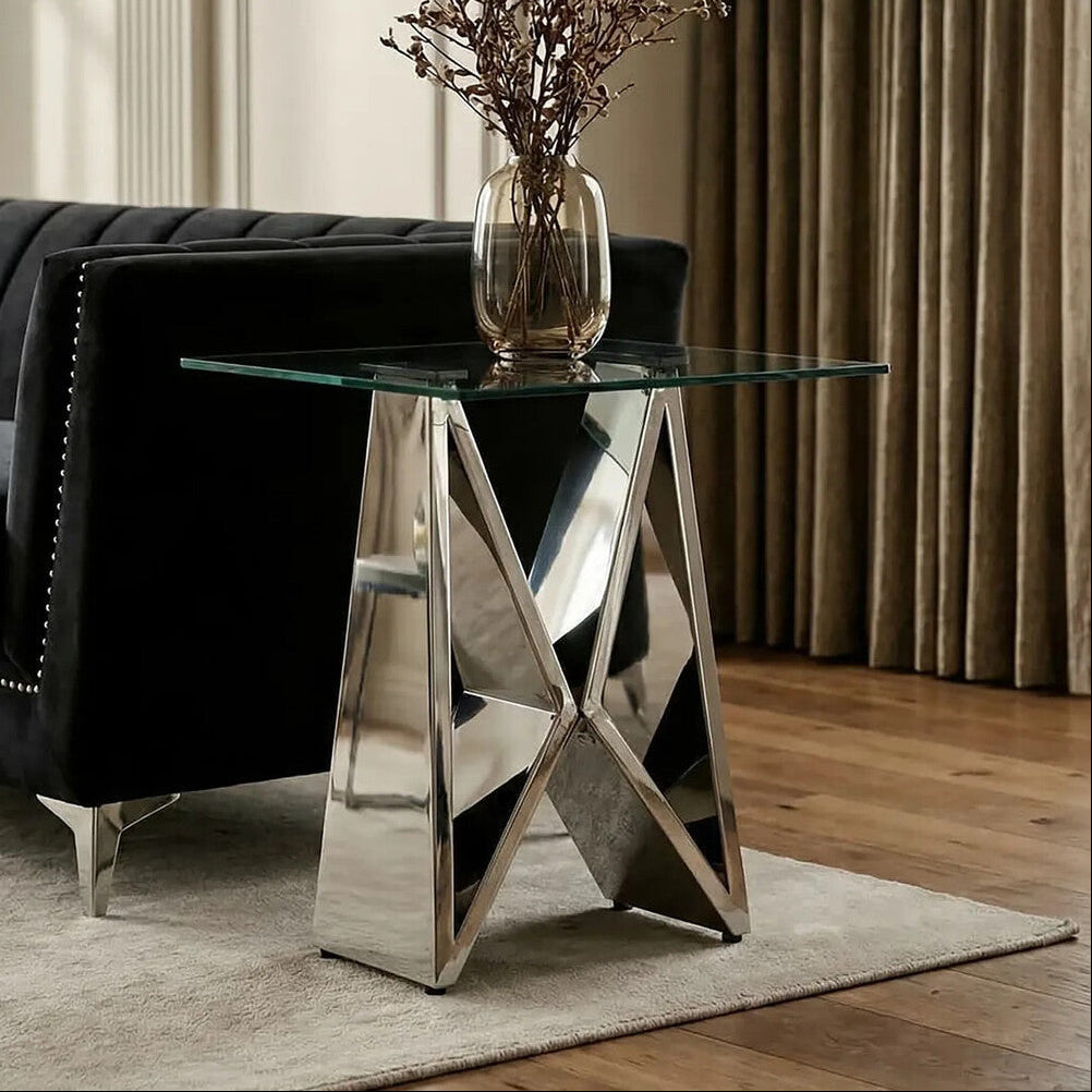 Silver Stainless Steel Wing Base End Table with Clear Glass Top, Allure
