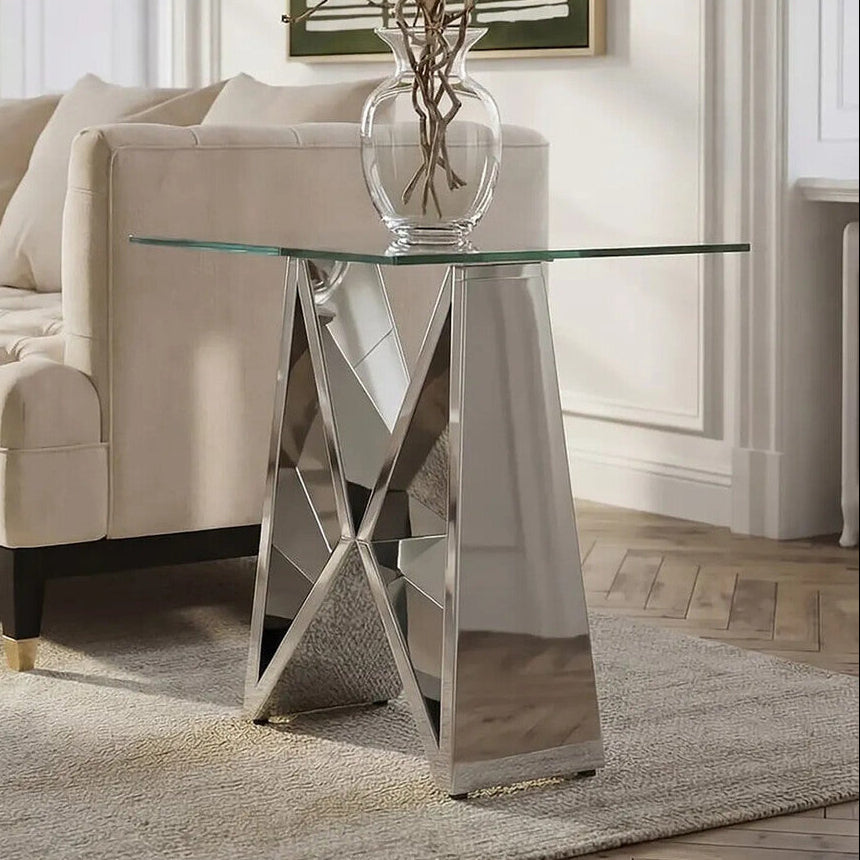Silver Stainless Steel Wing Base End Table with Clear Glass Top, Allure