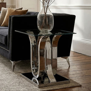 Silver Mirrored Finish Curved Base End Table with Clear Glass Top, Allure