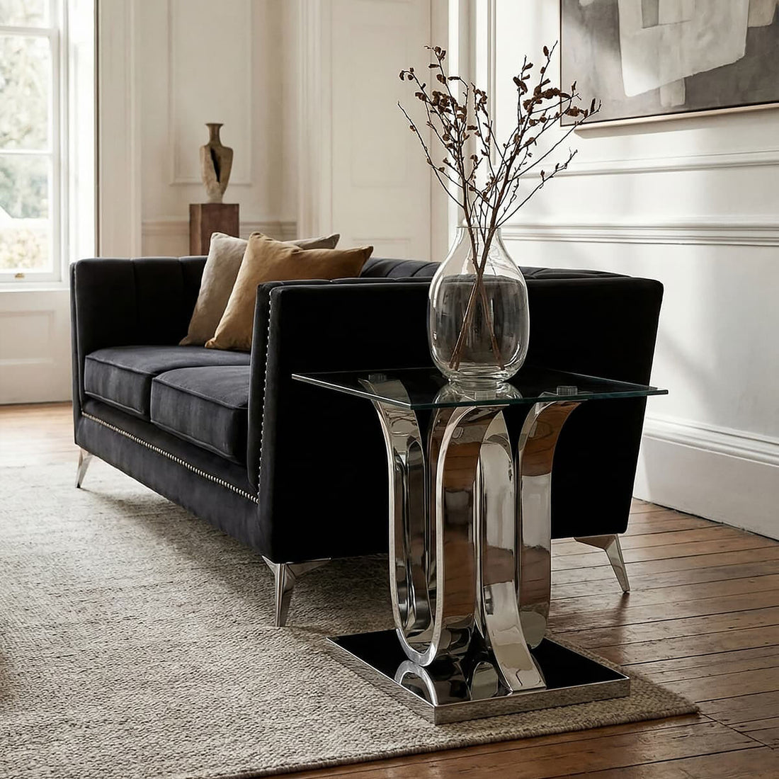 Silver Mirrored Finish Curved Base End Table with Clear Glass Top, Allure