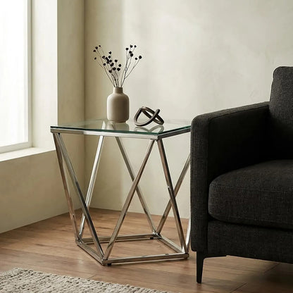 Silver Twist Design Small End Table with Tempered Glass Top, Allure