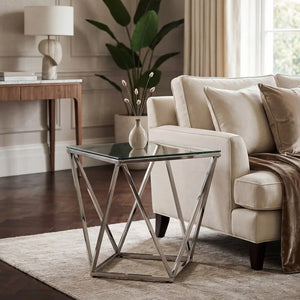 Silver Twist Design Small End Table with Tempered Glass Top, Allure