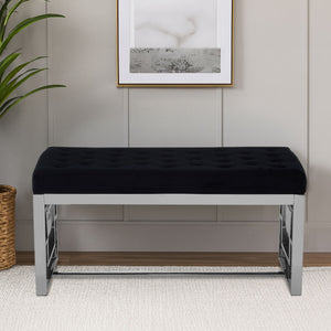 Allure Black Velvet Bench with Silver Finish Base