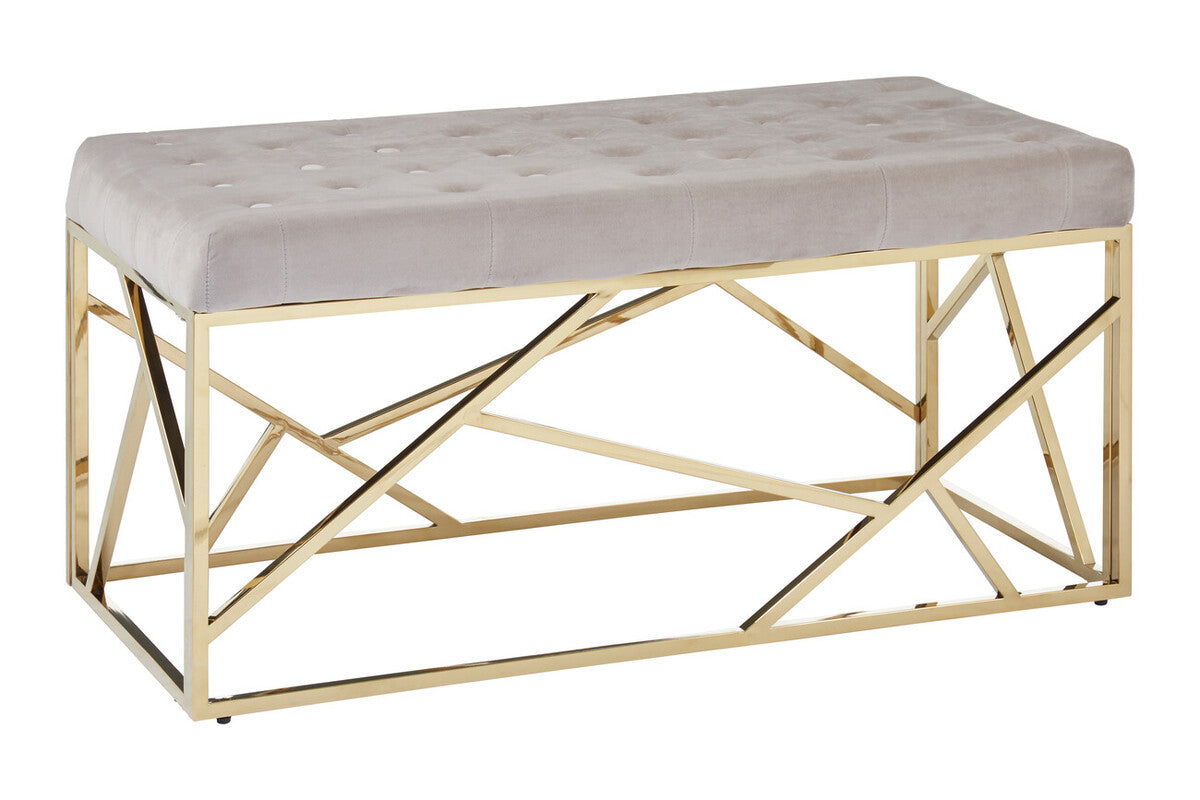 Gray tufted bench with gold geometric frame on a white background