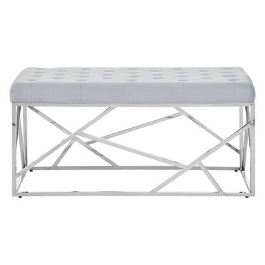 Gray upholstered bench with a metal frame on a white background