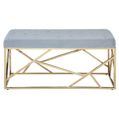 Bench with light blue cushion and gold geometric frame on a white background