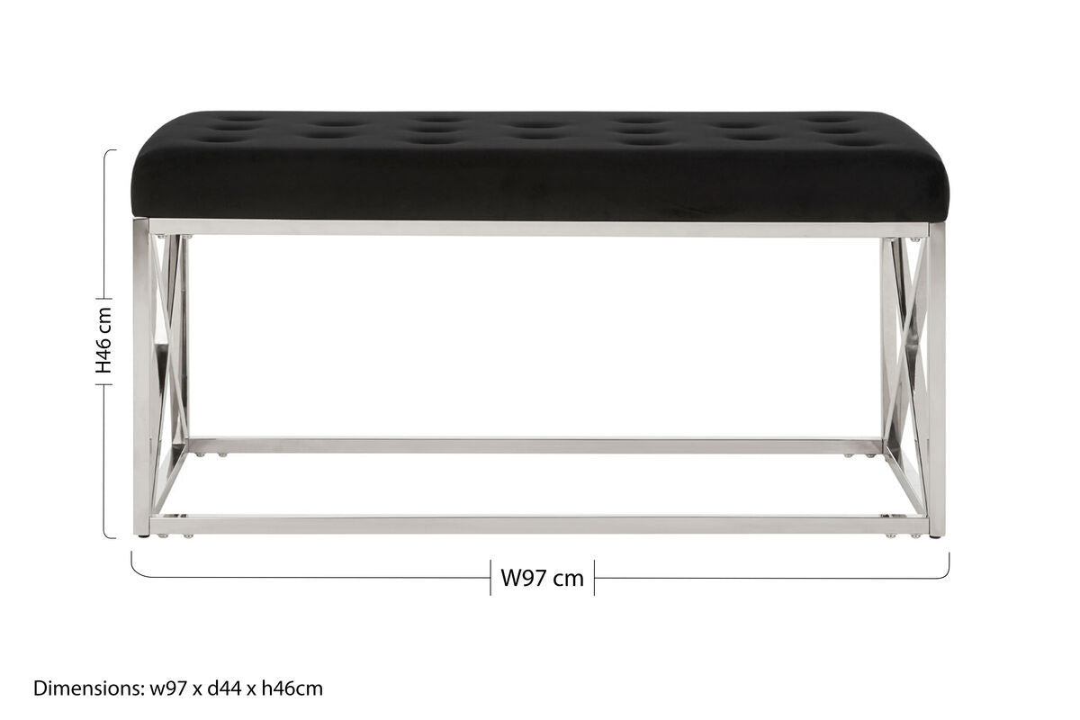Allure Black Tufted Seat And Silver Finish Bench