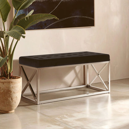 Allure Black Tufted Seat And Silver Finish Bench