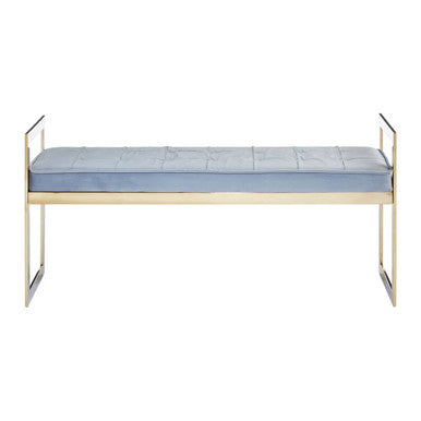 Gold metal bench with a blue cushion on a white background