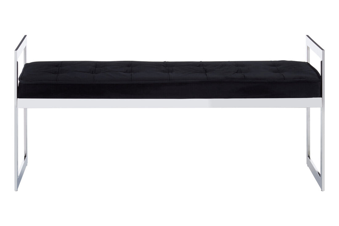 Black tufted bench with chrome frame on a white background