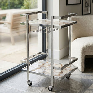Vita White Agate and Silver Finish 2 Tier Drinks Trolley