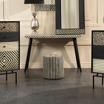 Boho Black and White Bone Inlay Console Table with Metal Legs