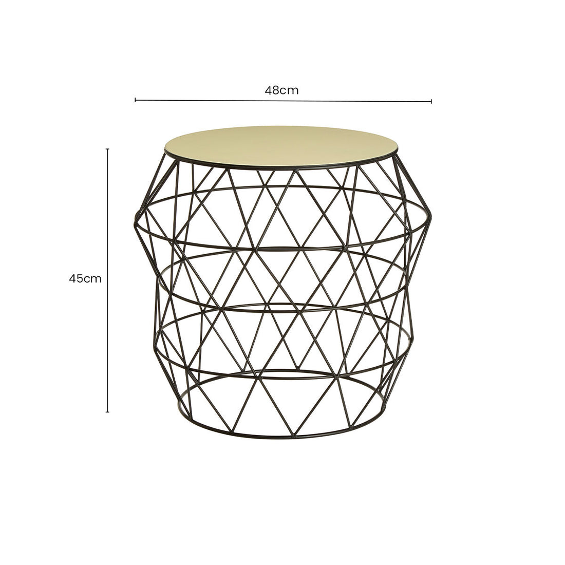 White Ivory Enamel Top Side Table with Black Metal Geometric Openwork Base, Corina