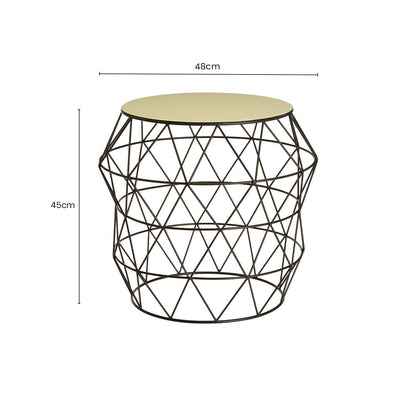 White Ivory Enamel Top Side Table with Black Metal Geometric Openwork Base | Corina