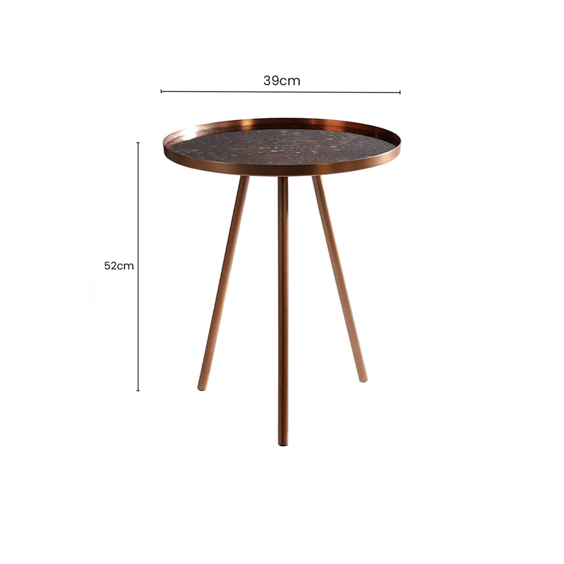 Matte Copper Weathered Side Table with Round Antique Glass Top and Splayed Legs, Corra