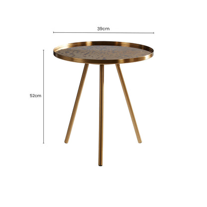Gold Finish Round Glass Top Side Table with Splayed Metallic Legs, Corra