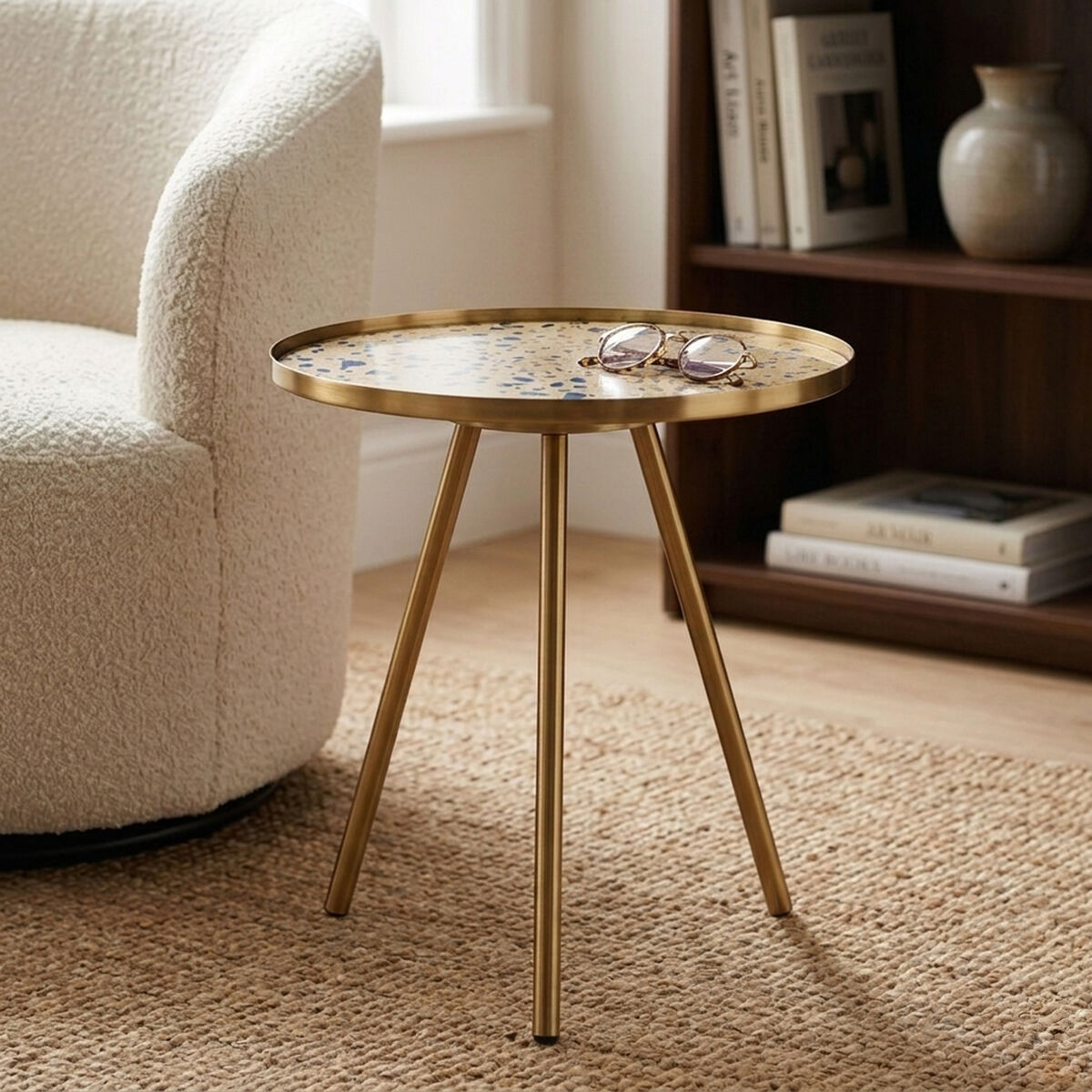 Gold Finish Round Glass Top Side Table with Splayed Metallic Legs, Corra