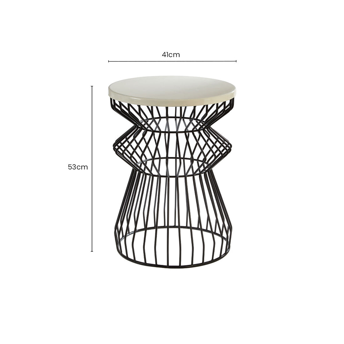White Top Round Side Table with Black Iron Wire Curved Openwork Base, Corina