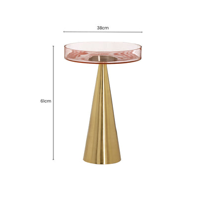 Clear Large Side Table with Pink Tinted Glass Top and Conical Metal Base, Martini