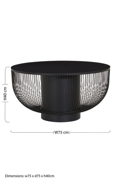 Black Glass Top Round Coffee Table with Matte Black Cylindrical Wireframe Base, Trento