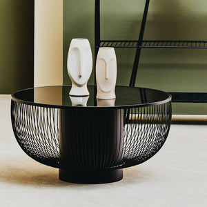 Trento Black Glass and Metal Round Coffee Table with Cylindrical Base