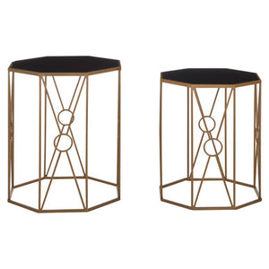 Trento Black Glass and Copper Finish Set of 2 Hexagon Side Tables
