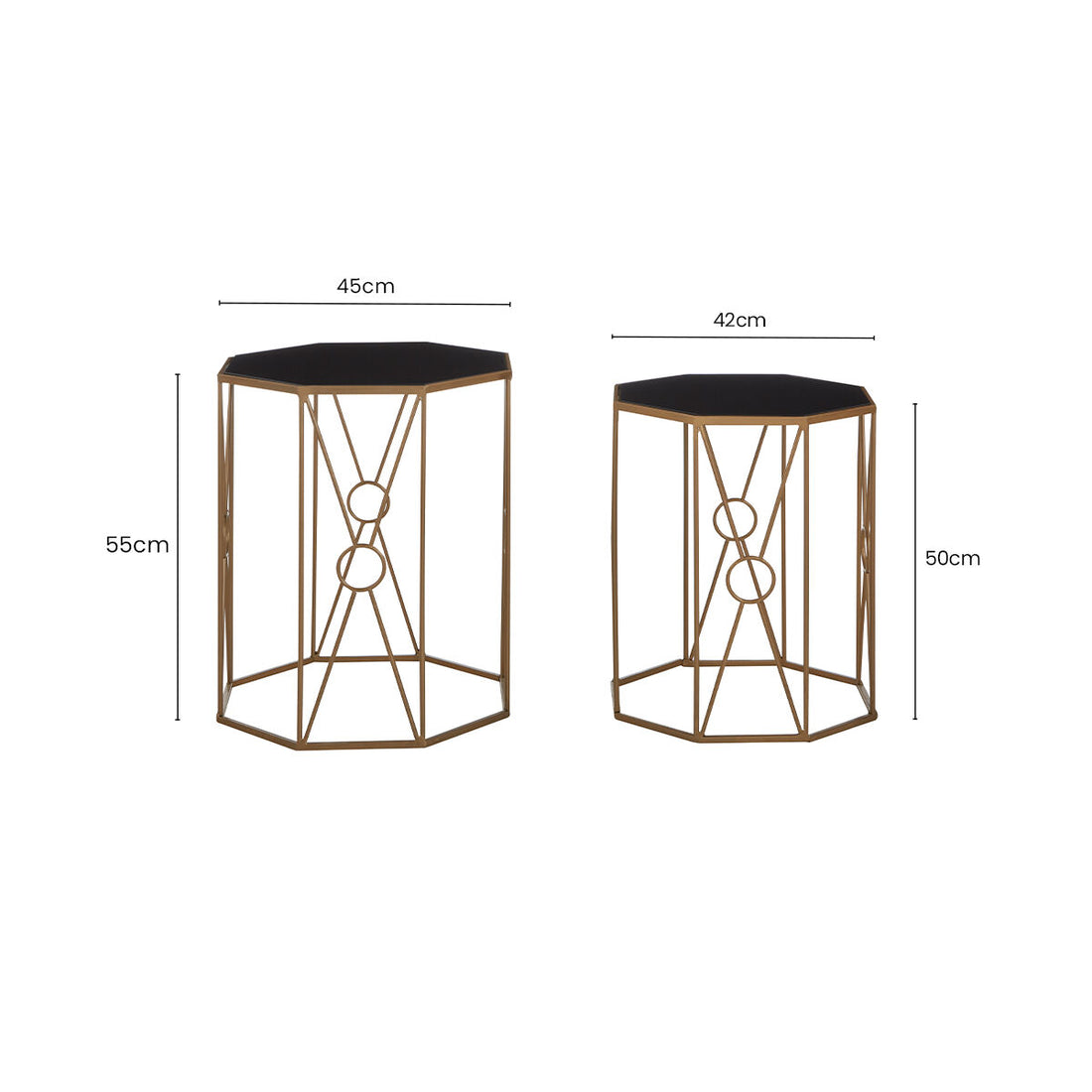 Set of 2 Black Glass Hexagon End Tables with Copper Finish Metal Cross Frame Base, Trento