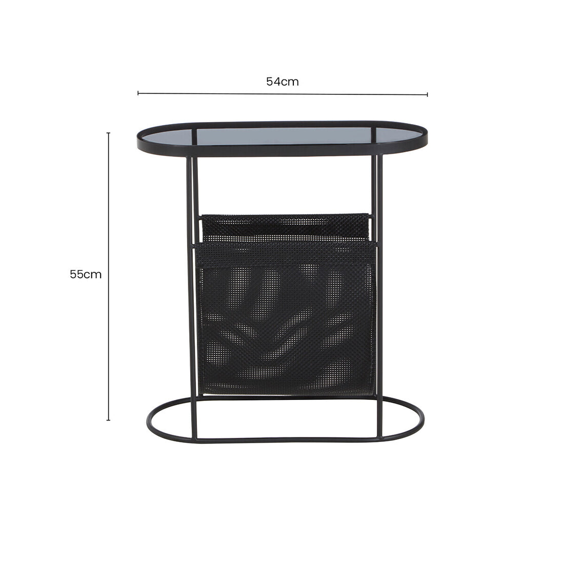 Grey Glass Top Side Table with Black Metal Frame and Hanging Mesh Shelf, Trento