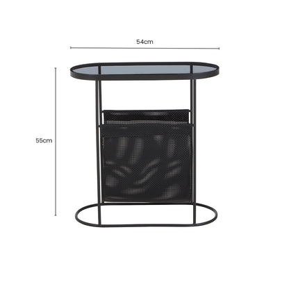 Grey Glass Top Side Table with Black Metal Frame and Hanging Mesh Shelf | Trento