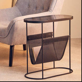 Grey Glass Top Side Table with Black Metal Frame and Hanging Mesh Shelf, Trento