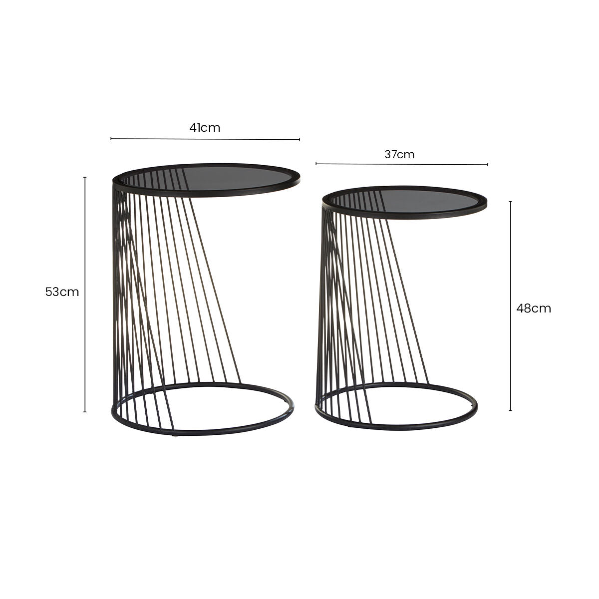 Set of 2 Grey Glass Top Nesting Side Tables with Black Metal Wire Frame, Trento