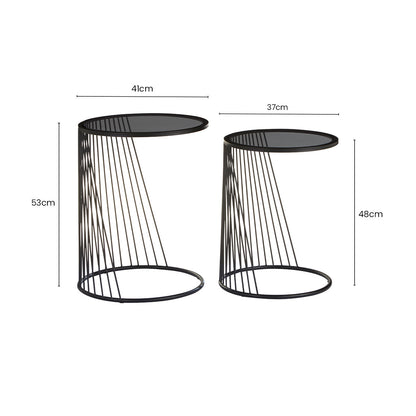 Set of 2 Grey Glass Top Nesting Side Tables with Black Metal Wire Frame, Trento