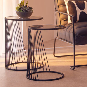 Trento Grey Glass and Black Metal Set of 2 Nesting Side Tables