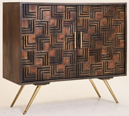 Wooden cabinet with geometric pattern and gold legs on a white background