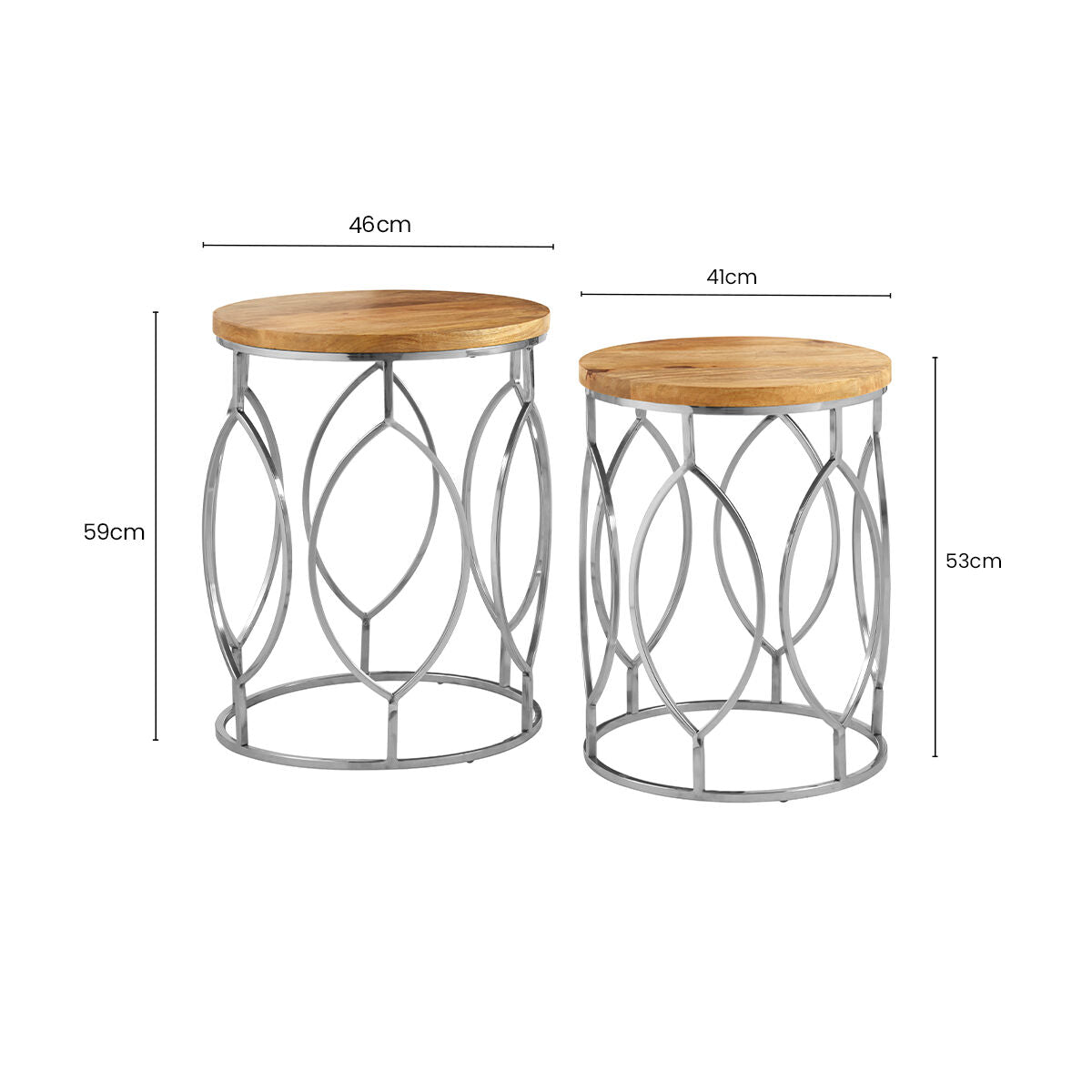 Set of 2 Natural Mango Wood Round Top Side Tables with Reflective Stainless Steel Base, Agra