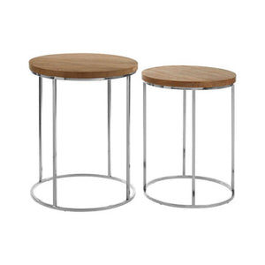 Agra Natural Mango Wood and Metal Set of 2 Round Side Tables