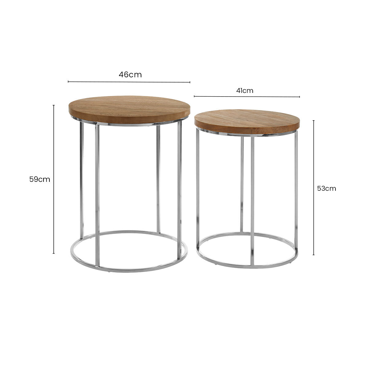Set of 2 Natural Mango Wood Top Round Side Tables with Stainless Steel Base in Metallic Finish | Agra