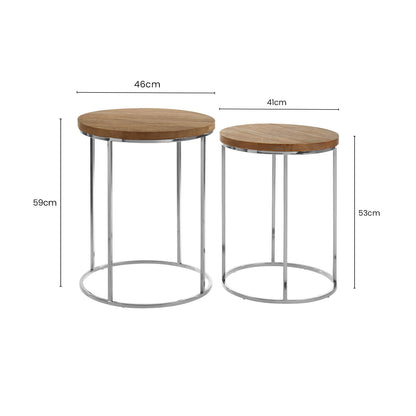 Set of 2 Natural Mango Wood Top Round Side Tables with Stainless Steel Base in Metallic Finish | Agra