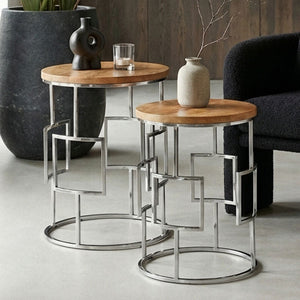 Set of 2 Natural Mango Wood Nesting Tables with Reflective Stainless Steel Base, Agra