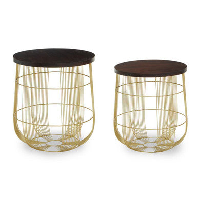 Agra Set Of 2 Side Tables In Mango Wood And Brass Finish