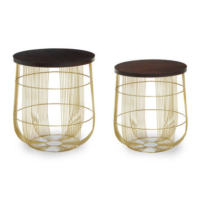 Agra Set Of 2 Side Tables In Mango Wood And Brass Finish