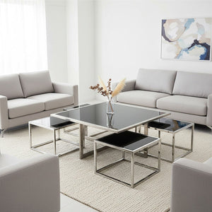 Horizon Black Glass and Silver Finish Set of 5 Nesting Coffee Tables