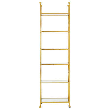 Gold ladder shelf with white shelves on a white background