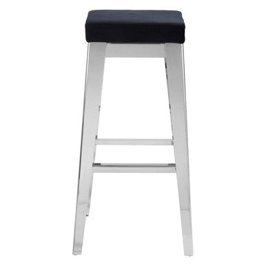 Bar stool with black cushioned seat and silver metal frame on a white background