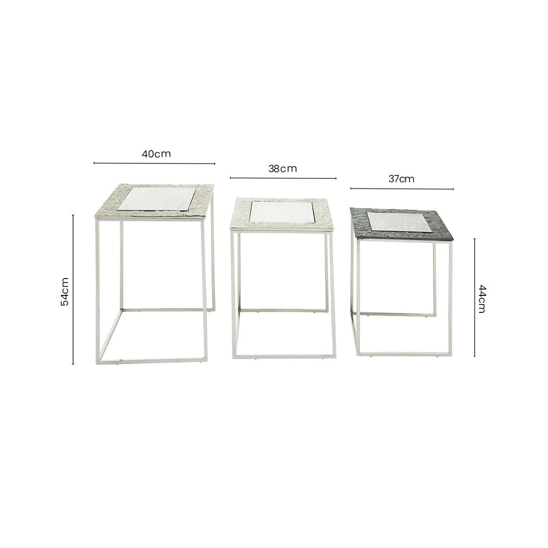 Antique Glass Top Rectangular Set of 3 Nesting Side Tables with Nickel and Gunmetal Frame, Akola