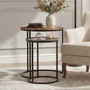 Antique Copper and Gunmetal Set of 2 Round Nesting Side Tables with Antiqued Glass Tops and Black Metal Frame, Akola