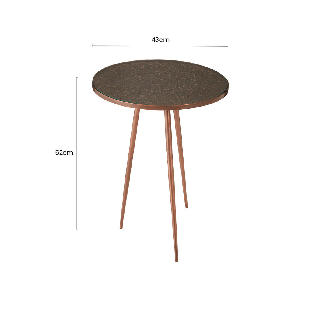 Tempered Glass Side Table with Antique Copper Finish Textured 3 Slim Legs, Akola