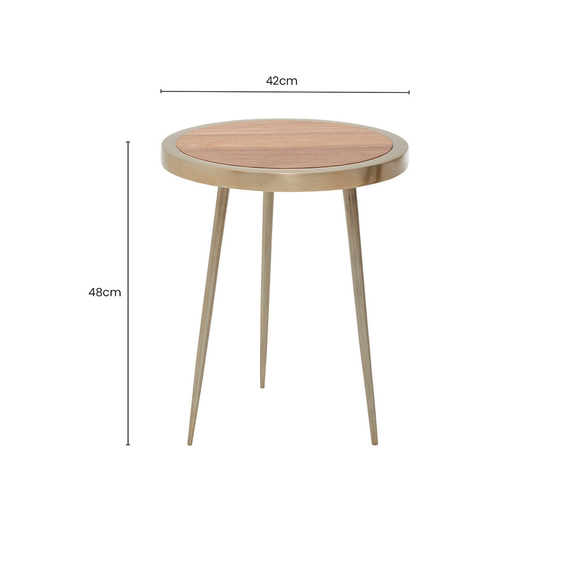 Natural Acacia Wood Small Round Side Table with Gold Aluminium Border and Legs, Almora
