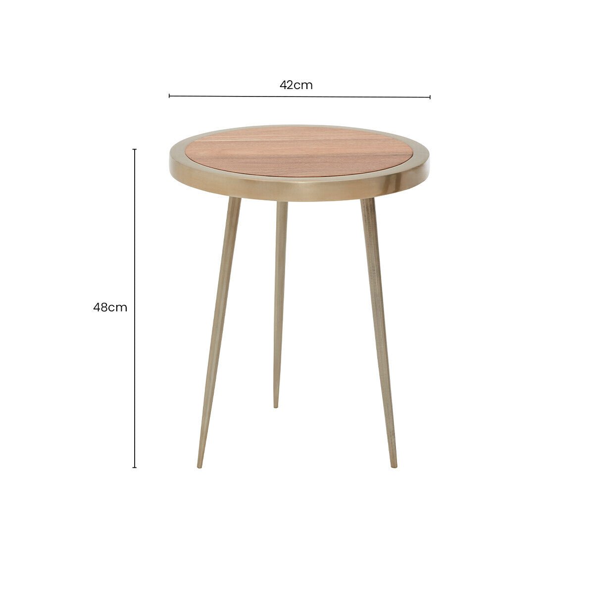 Natural Acacia Wood Small Round Side Table with Gold Aluminium Border and Legs, Almora
