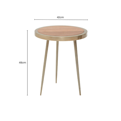 Natural Acacia Wood Small Round Side Table with Gold Aluminium Border and Legs, Almora